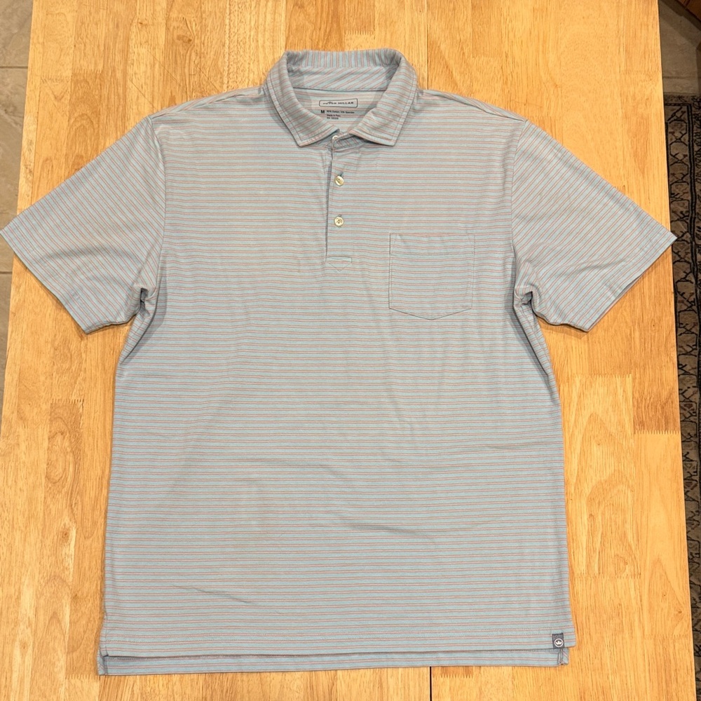 Peter Millar Light Blue and orange Stripes,Shirt size medium,